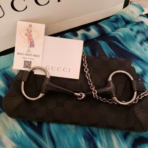Gucci Small Black GG Canvas Silver Leather Horsebit Clutch Shoulder Bag GORGEOUS